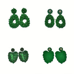 Boho Drop Earrings Embroidery & Rice Bead Leaves for Celebrations
