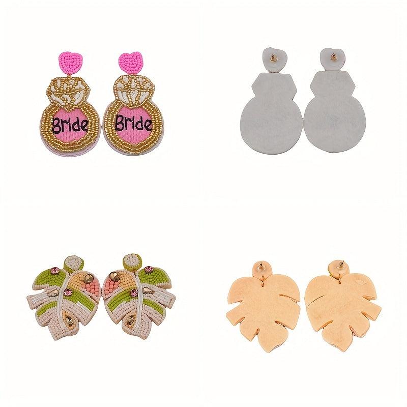 Boho Drop Earrings Embroidery & Rice Bead Leaves for Celebrations