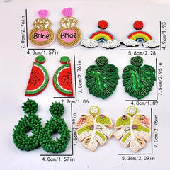 Boho Drop Earrings Embroidery & Rice Bead Leaves for Celebrations