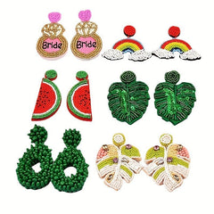 Boho Drop Earrings Embroidery & Rice Bead Leaves for Celebrations