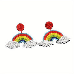 Boho Drop Earrings Embroidery & Rice Bead Leaves for Celebrations