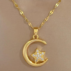 Stainless Steel Moon Star Pendant Necklace Choker Chain Gift