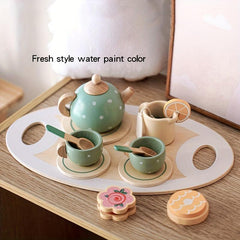 15pcs Wooden Afternoon Tea Set Toy for Kids Playhouse Kitchen Montessori