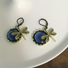 Vintage Dragonfly Green Crystal Dangle Earrings