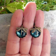 Vintage Dragonfly Green Crystal Dangle Earrings