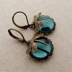 Vintage Dragonfly Green Crystal Dangle Earrings
