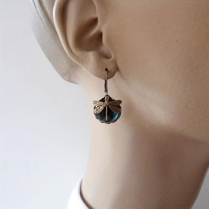 Vintage Dragonfly Green Crystal Dangle Earrings
