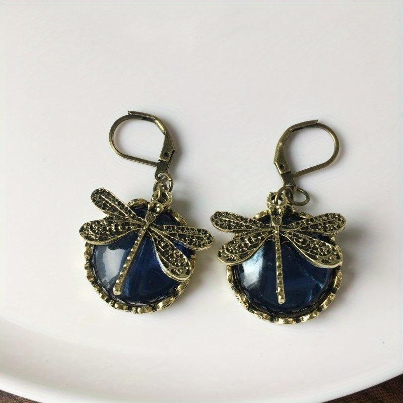 Vintage Dragonfly Green Crystal Dangle Earrings