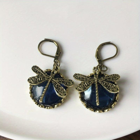 Vintage Dragonfly Green Crystal Dangle Earrings