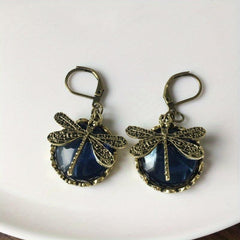 Vintage Dragonfly Green Crystal Dangle Earrings