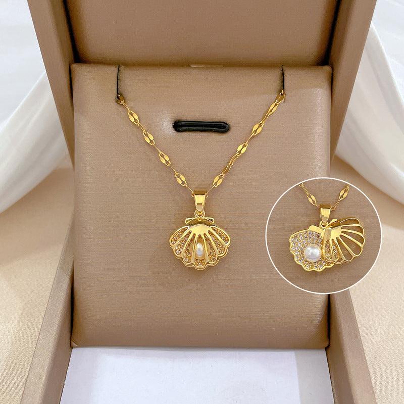 Micro Embedded Crystal Pearl Necklace Stainless Steel Chain Jewelry