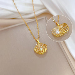 Micro Embedded Crystal Pearl Necklace Stainless Steel Chain Jewelry