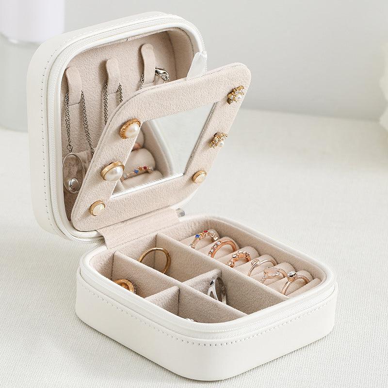 Mirror Jewelry Organizer Box Travel Case Leather Storage