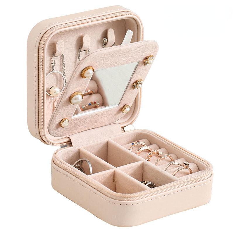 Mirror Jewelry Organizer Box Travel Case Leather Storage