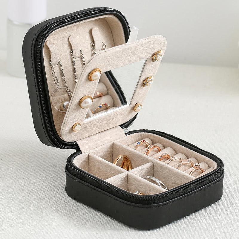 Mirror Jewelry Organizer Box Travel Case Leather Storage