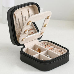 Mirror Jewelry Organizer Box Travel Case Leather Storage