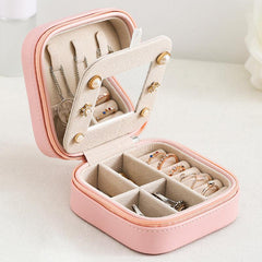 Mirror Jewelry Organizer Box Travel Case Leather Storage