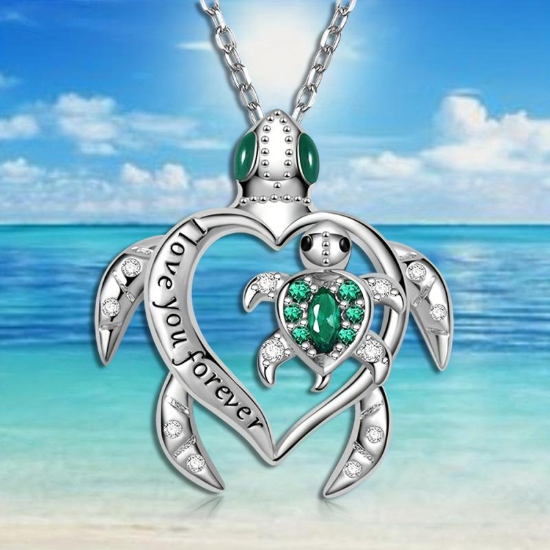 Emerald Mother And Child Sea Turtle Pendant Necklace Animal Jewelry