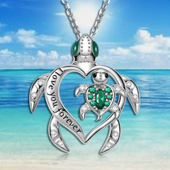 Emerald Mother And Child Sea Turtle Pendant Necklace Animal Jewelry