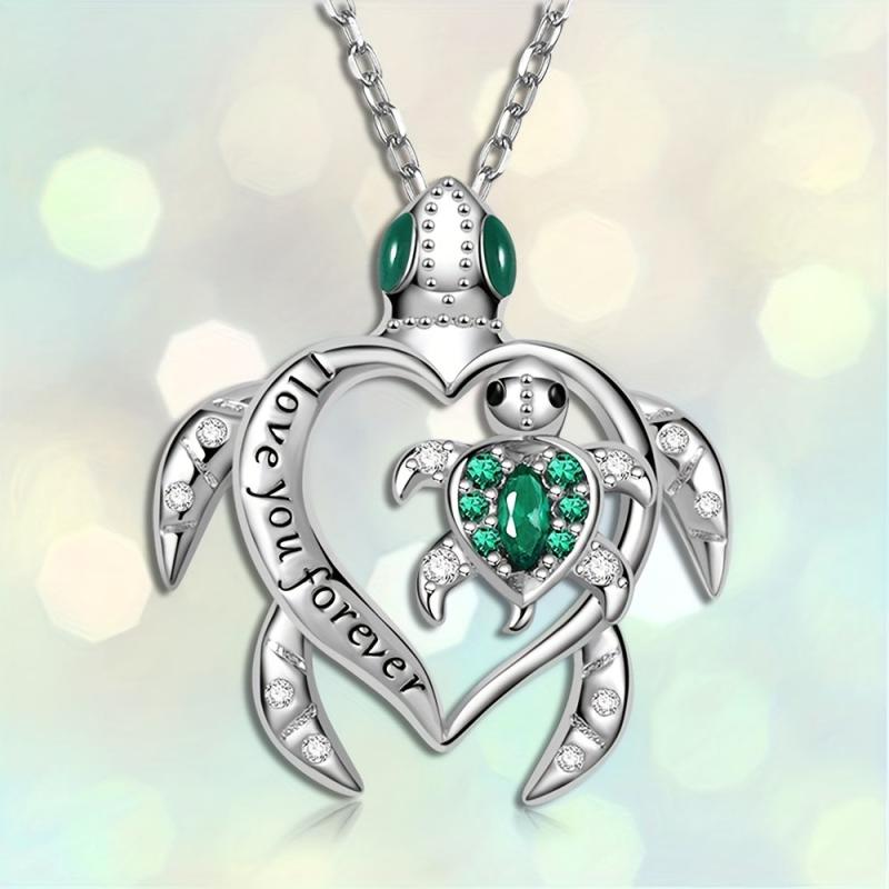 Emerald Mother And Child Sea Turtle Pendant Necklace Animal Jewelry