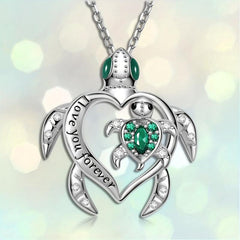 Emerald Mother And Child Sea Turtle Pendant Necklace Animal Jewelry