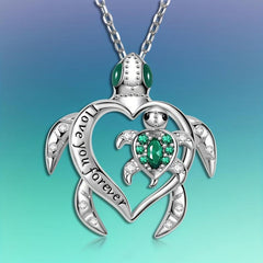Emerald Mother And Child Sea Turtle Pendant Necklace Animal Jewelry