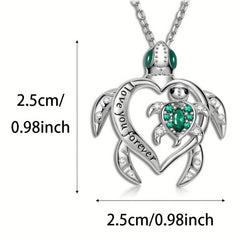 Emerald Mother And Child Sea Turtle Pendant Necklace Animal Jewelry