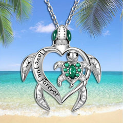 Emerald Mother And Child Sea Turtle Pendant Necklace Animal Jewelry