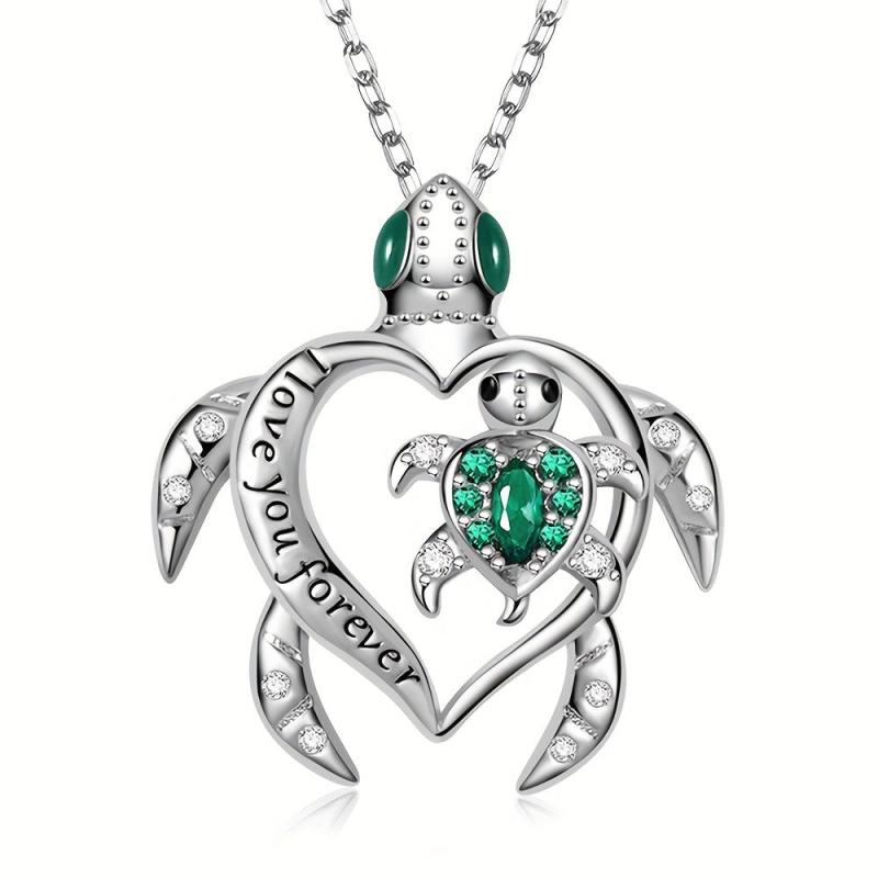 Emerald Mother And Child Sea Turtle Pendant Necklace Animal Jewelry