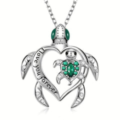 Emerald Mother And Child Sea Turtle Pendant Necklace Animal Jewelry
