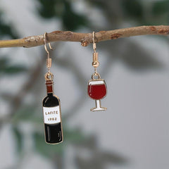 Asymmetry Red Wine Bottle Cup Dangle Drop Earrings