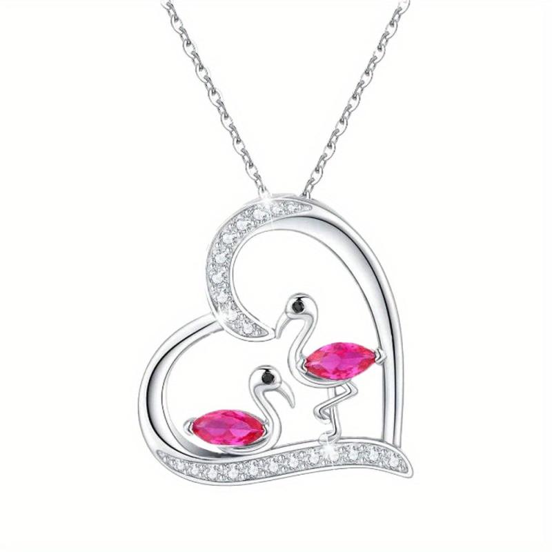 Flamingo Necklace Heart Flamingo Couple Gemstone Pendant Necklace