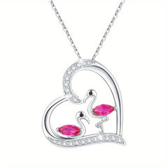 Flamingo Necklace Heart Flamingo Couple Gemstone Pendant Necklace