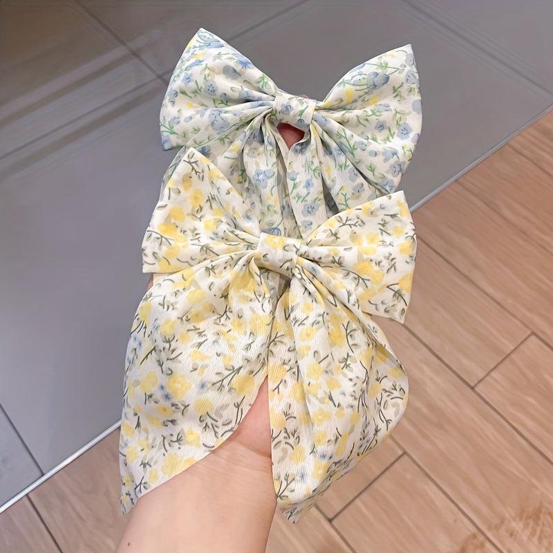 Plaid Floral Print Hair Clips Big Bow Clips For Hair