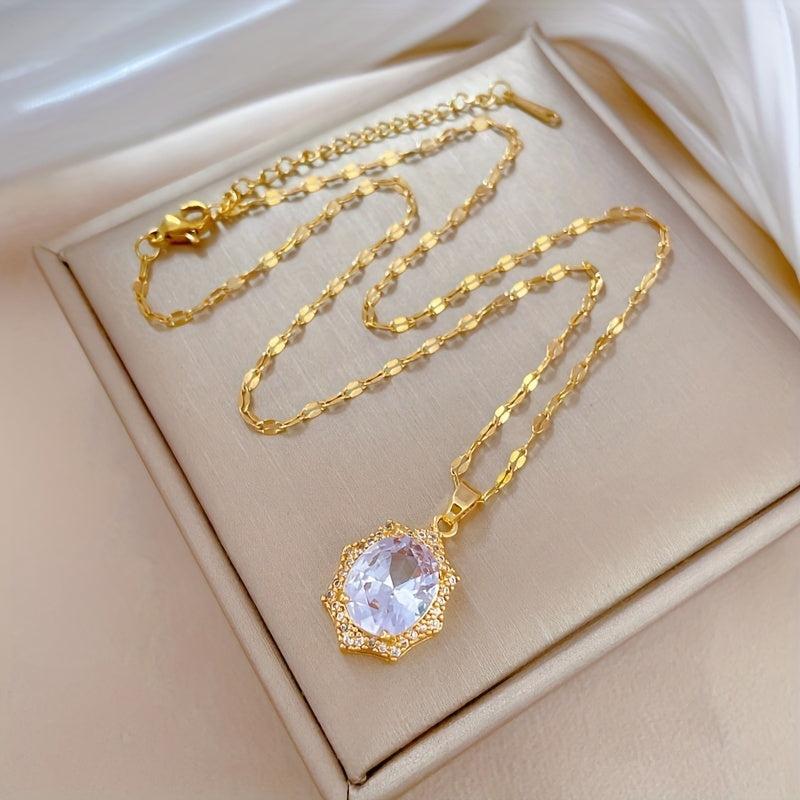 Oval Crystal Pendant Necklace Stainless Steel Chain Jewelry