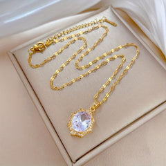 Oval Crystal Pendant Necklace Stainless Steel Chain Jewelry