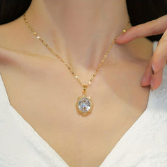 Oval Crystal Pendant Necklace Stainless Steel Chain Jewelry