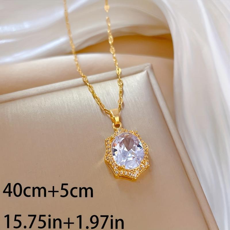 Oval Crystal Pendant Necklace Stainless Steel Chain Jewelry
