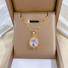 Oval Crystal Pendant Necklace Stainless Steel Chain Jewelry