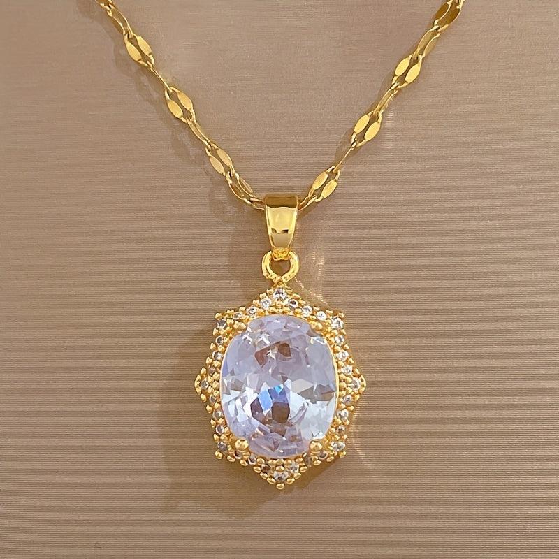 Oval Crystal Pendant Necklace Stainless Steel Chain Jewelry