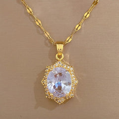 Oval Crystal Pendant Necklace Stainless Steel Chain Jewelry