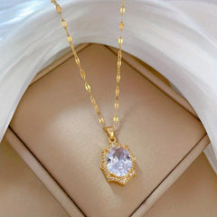 Oval Crystal Pendant Necklace Stainless Steel Chain Jewelry