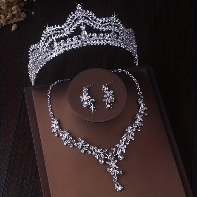 Princess Crown Earring Necklace Set Rhinestone Bridal Jewelry