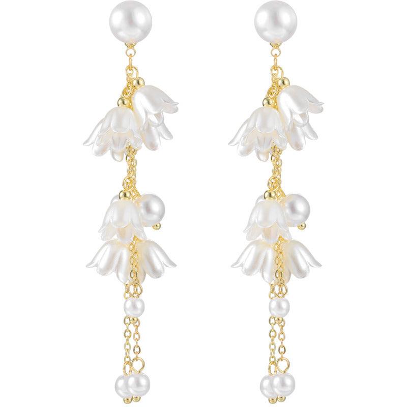 Pearl Orchid Flower Earrings Long Tassel Earrings Sweet Earrings