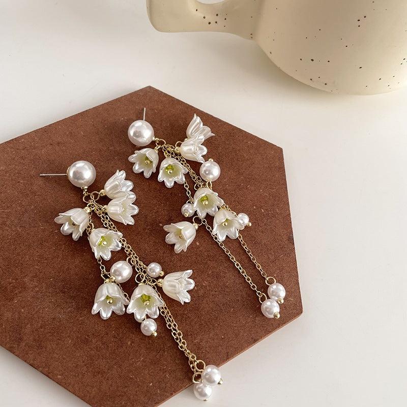 Pearl Orchid Flower Earrings Long Tassel Earrings Sweet Earrings