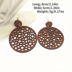 Boho Vintage Earrings with Net Cut Wooden Pieces & Geometric Circles