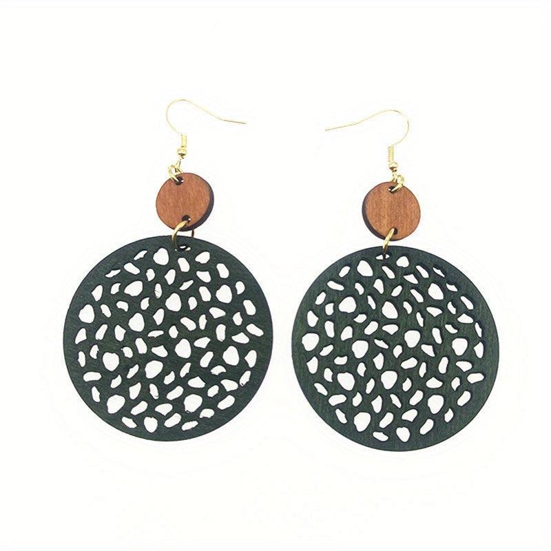 Boho Vintage Earrings with Net Cut Wooden Pieces & Geometric Circles