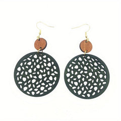 Boho Vintage Earrings with Net Cut Wooden Pieces & Geometric Circles