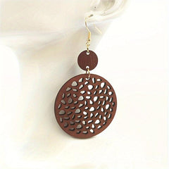 Boho Vintage Earrings with Net Cut Wooden Pieces & Geometric Circles