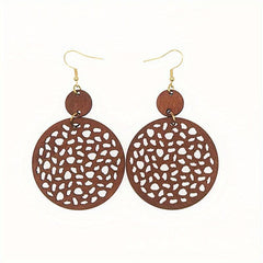 Boho Vintage Earrings with Net Cut Wooden Pieces & Geometric Circles